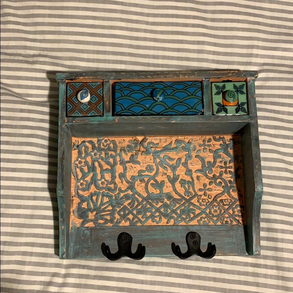 Anthropology painted wood shelf with hooks